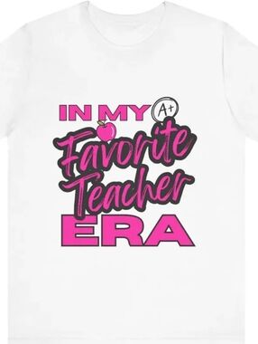 "In My Favorite Teacher Era" White Graphic Tee - Pink & Black Print